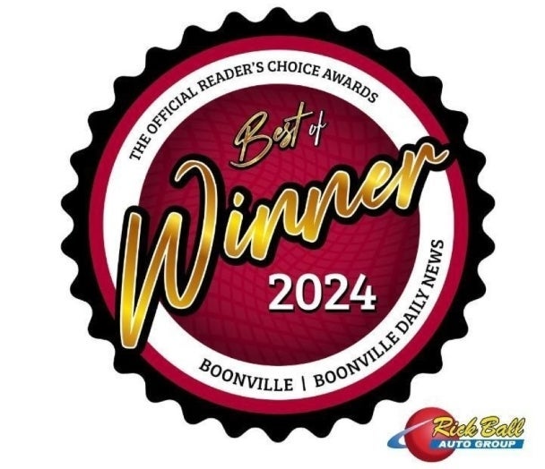 Red and black seal:The Official Reader's Choice Awards Best of Winner 2024 Boonville | Boonville Daily News. Rick Ball Auto Group logo.